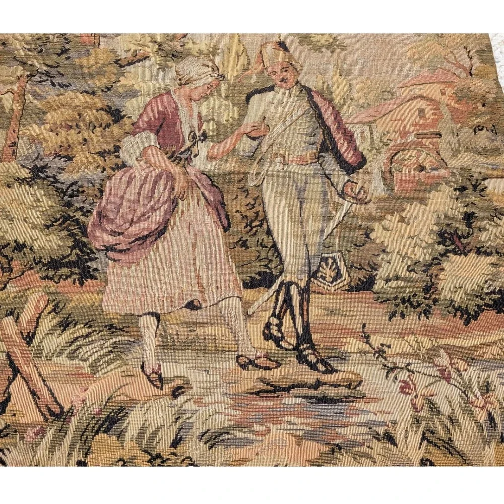 Vintage Woven Wall Tapestry 18x18 Romantic Couple 18th Century Scene Textile Art